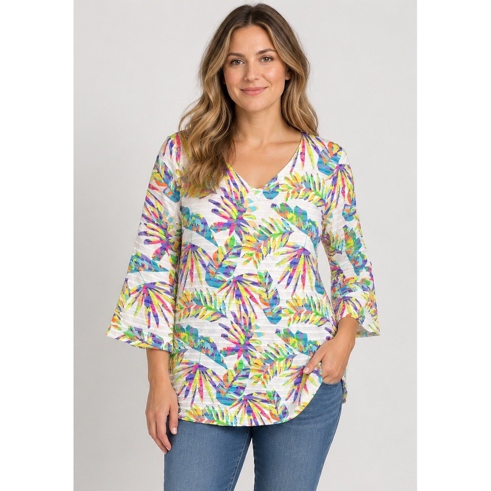 Soft Surroundings Womens M Colorful Tropical Leaf Print 3/4 Bell Sleeve Tunic